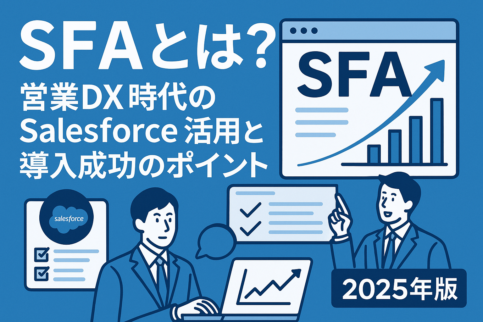 営業DXとSFA導入をテーマにしたビジネス向けイラスト。営業チームとデータ管理、AI、Salesforce活用を象徴するデジタルアナリティクス