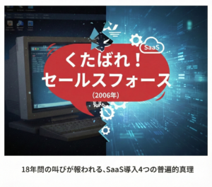 「くたばれ！セールスフォース (2006)」という赤い吹き出しが中央に大きく表示され、左側は古いデスクトップPCと2006年のコンピューター画面、右側は現代的なデジタル背景とSaaSアイコンが描かれている。過去と現代の対比がテーマ。