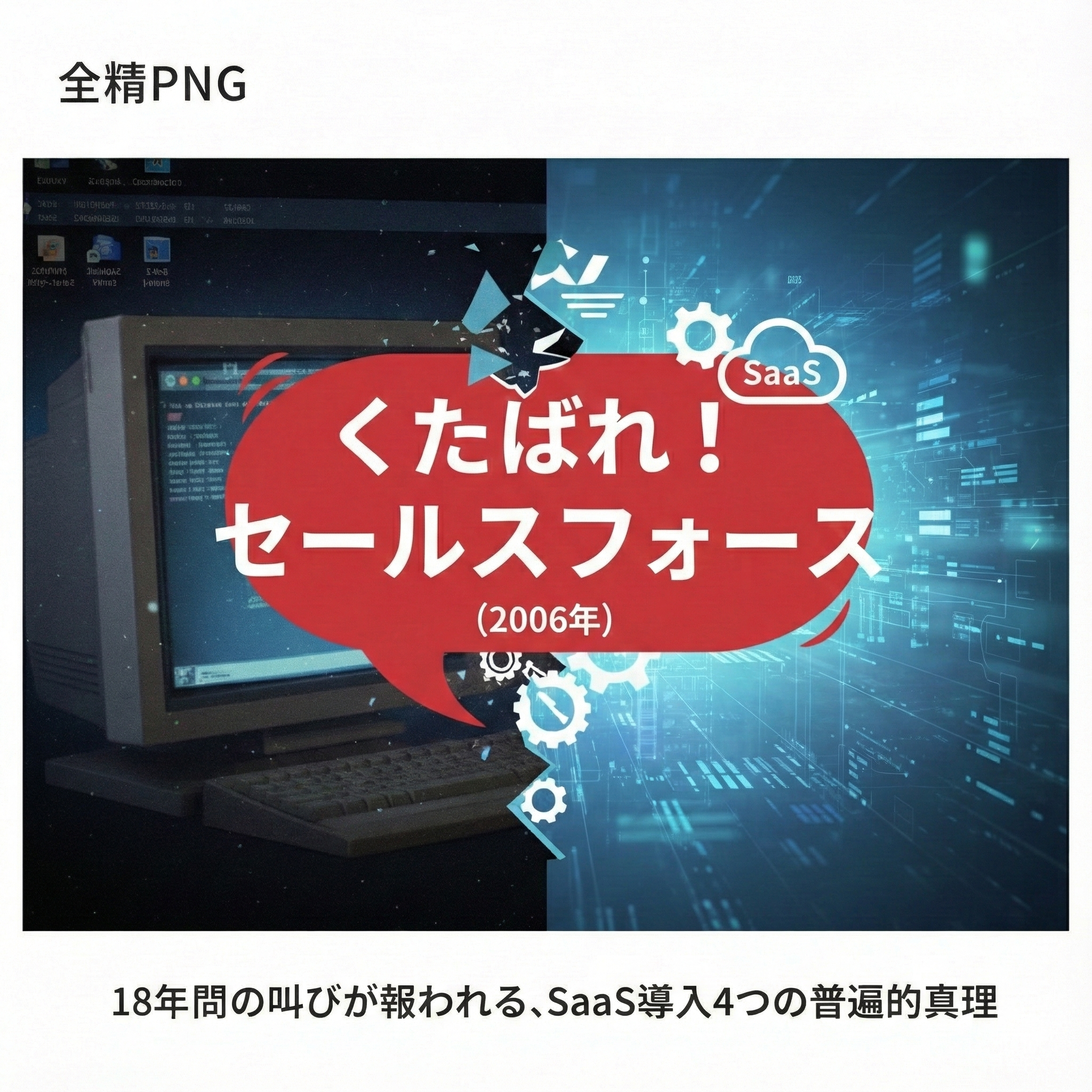 「くたばれ！セールスフォース (2006)」という赤い吹き出しが中央に大きく表示され、左側は古いデスクトップPCと2006年のコンピューター画面、右側は現代的なデジタル背景とSaaSアイコンが描かれている。過去と現代の対比がテーマ。