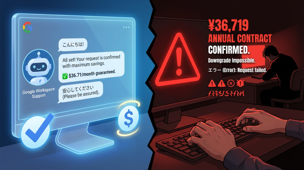 Google WorkspaceのAIチャットボットによる誤案内の危険性を示す分割画面イラスト。左側は信頼できそうな青い光で表示される親切なAI画面、右側は年間36,719円の契約とダウングレード不可能を示す赤い警告画面。AIハルシネーションの恐怖