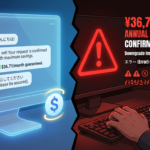 Google WorkspaceのAIチャットボットによる誤案内の危険性を示す分割画面イラスト。左側は信頼できそうな青い光で表示される親切なAI画面、右側は年間36,719円の契約とダウングレード不可能を示す赤い警告画面。AIハルシネーションの恐怖