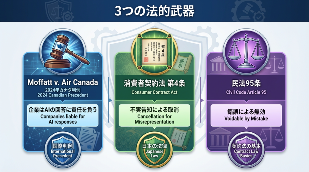 AIの誤案内に対抗する3つの法的武器を示すインフォグラフィック。左柱(青):Moffatt v. Air Canada判例2024年、企業はAIの回答に責任を負う国際判例。中央柱(緑):日本の消費者契約法第4条、不実告知による取消。右柱(紫):民法95条、錯誤による無効。バイリンガル表記。