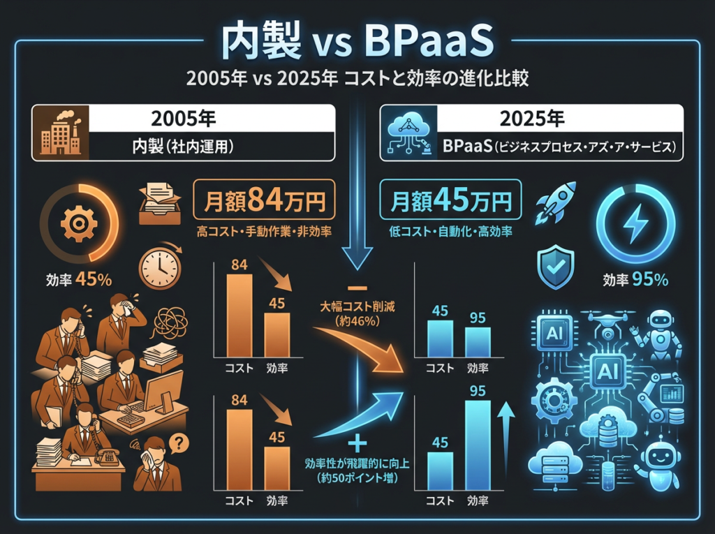 内製とBPaaSのコスト比較を示すインフォグラフィック。左側「2005年」は月額84万円・効率45%を暖色系で表示し従来型の非効率を示唆。右側「2025年」は月額45万円・効率95%を青色系で表示しAI自動化による改善を強調。20年間でコスト46%削減、効率2倍以上の向上を視覚化。