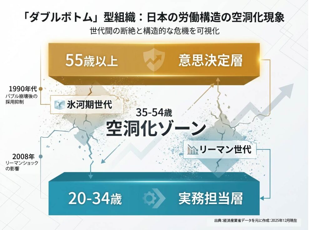 就職氷河期とリーマン世代による35-54歳の空洞化を示す世代構造図