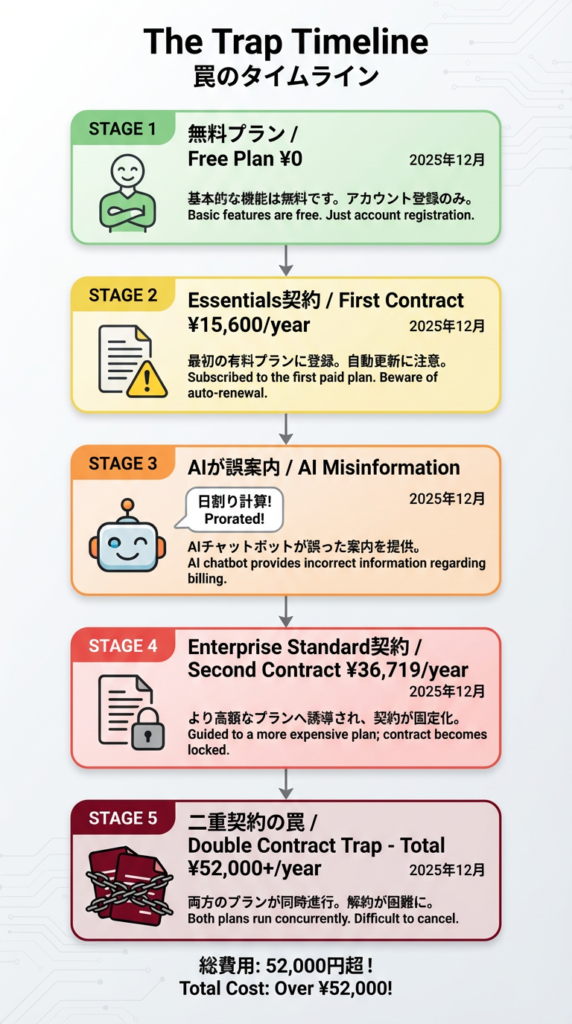 Google Workspaceで発生した二重契約の罠を5段階で示すタイムライン図。無料プラン(緑)→Essentials契約15,600円(黄)→AIの誤案内(オレンジ)→Enterprise Standard契約36,719円(赤)→二重契約52,000円超(濃赤)。2025年12月の実例に基づく契約トラブルの経緯。