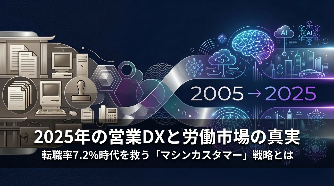 2005年から2025年への労働市場とデジタルトランスフォーメーションの20年間の進化を表す抽象的なタイムライン