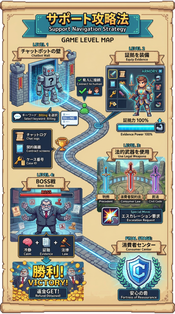 AIの誤案内に対抗する3つの法的武器を示すインフォグラフィック。左柱(青):Moffatt v. Air Canada判例2024年、企業はAIの回答に責任を負う国際判例。中央柱(緑):日本の消費者契約法第4条、不実告知による取消。右柱(紫):民法95条、錯誤による無効。バイリンガル表記。