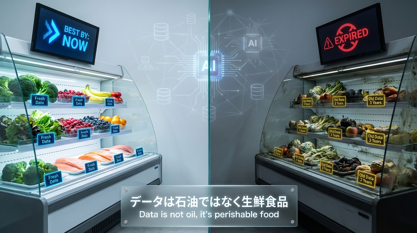 顧客データベースの劣化を生鮮食品の鮮度低下に例えた比較画像。左側には新鮮な野菜や魚が並ぶショーケースに「Fresh Data」のラベル、右側には腐敗した食材に「Old Data 3 Years」の警告ステッカーが貼られており、データメンテナンスの重要性を視覚的に表現