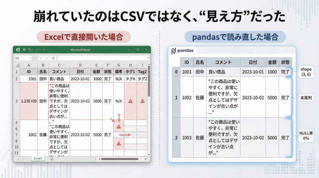 左にExcelで崩れて見える表、右にpandasで正しく読み込まれた表を並べ、同じCSVでも見え方が異なることを比較した図