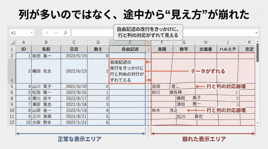 Excel風の表で、自由記述欄の改行をきっかけに途中から行と列の対応がずれて見えるCSV崩れのイメージ図