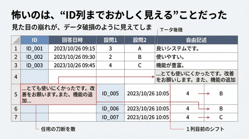 列ずれによって本来別の列に入る値がID列へ流れ込み、データ破損のように見えてしまう状態を示した図